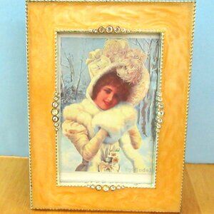 Vintage golden yellow swirled enamel rhinestone picture frame - 5 1/2 x 3 1/2